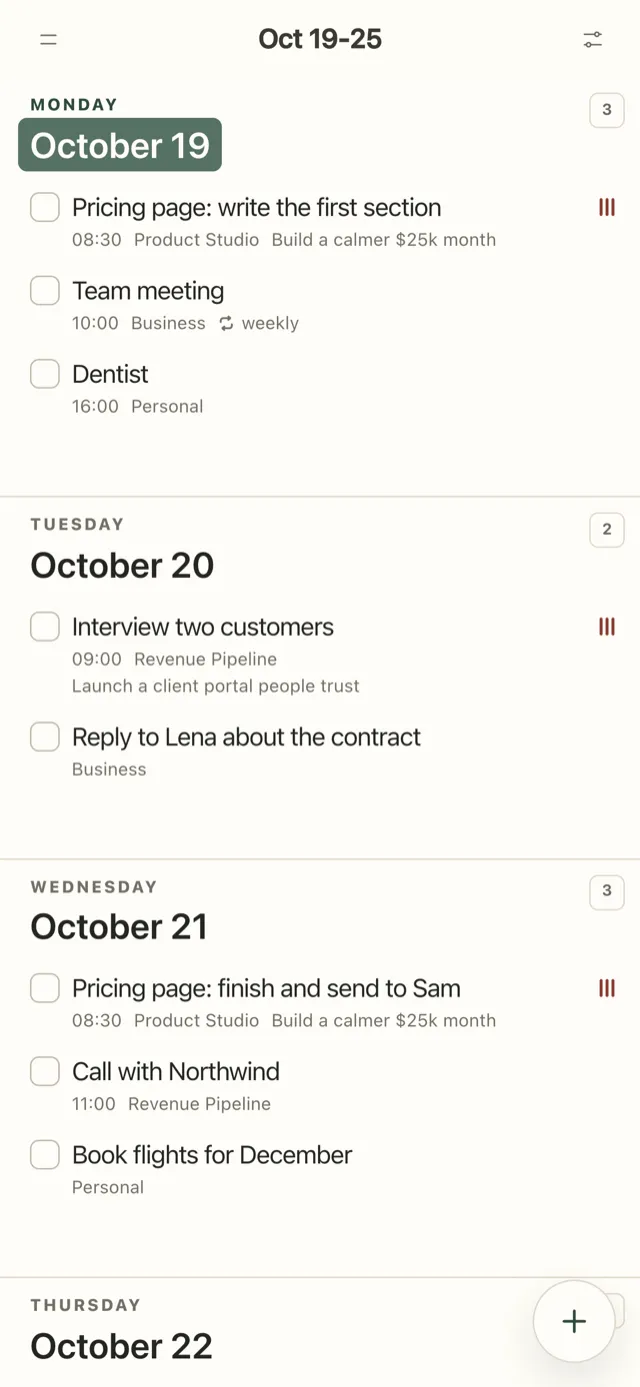 The same week in Plannedo on an iPhone, one day under another: Monday with 'Pricing page: write the first section' at 08:30, high priority, linked to the goal 'Build a calmer $25k month', 'Team meeting' at 10:00 repeating weekly and 'Dentist' at 16:00; then Tuesday and Wednesday.