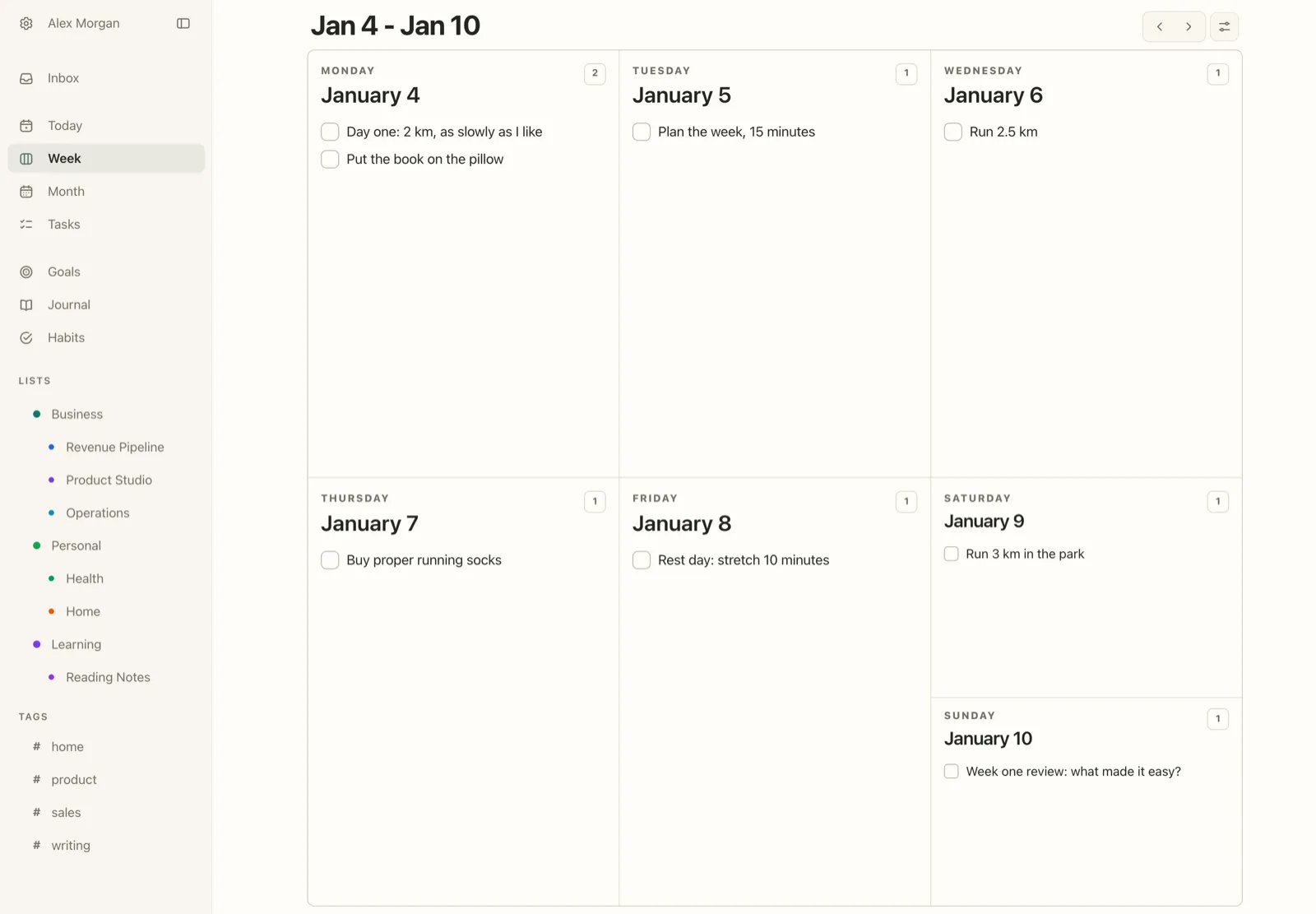 Plannedo's Week view on a Mac for January 4 to 10, 2027: Day one: 2 km, as slowly as I like and Put the book on the pillow on Monday, Plan the week, 15 minutes on Tuesday, Run 2.5 km on Wednesday, Buy proper running socks on Thursday, Rest day: stretch 10 minutes on Friday, Run 3 km in the park on Saturday and Week one review: what made it easy? on Sunday.