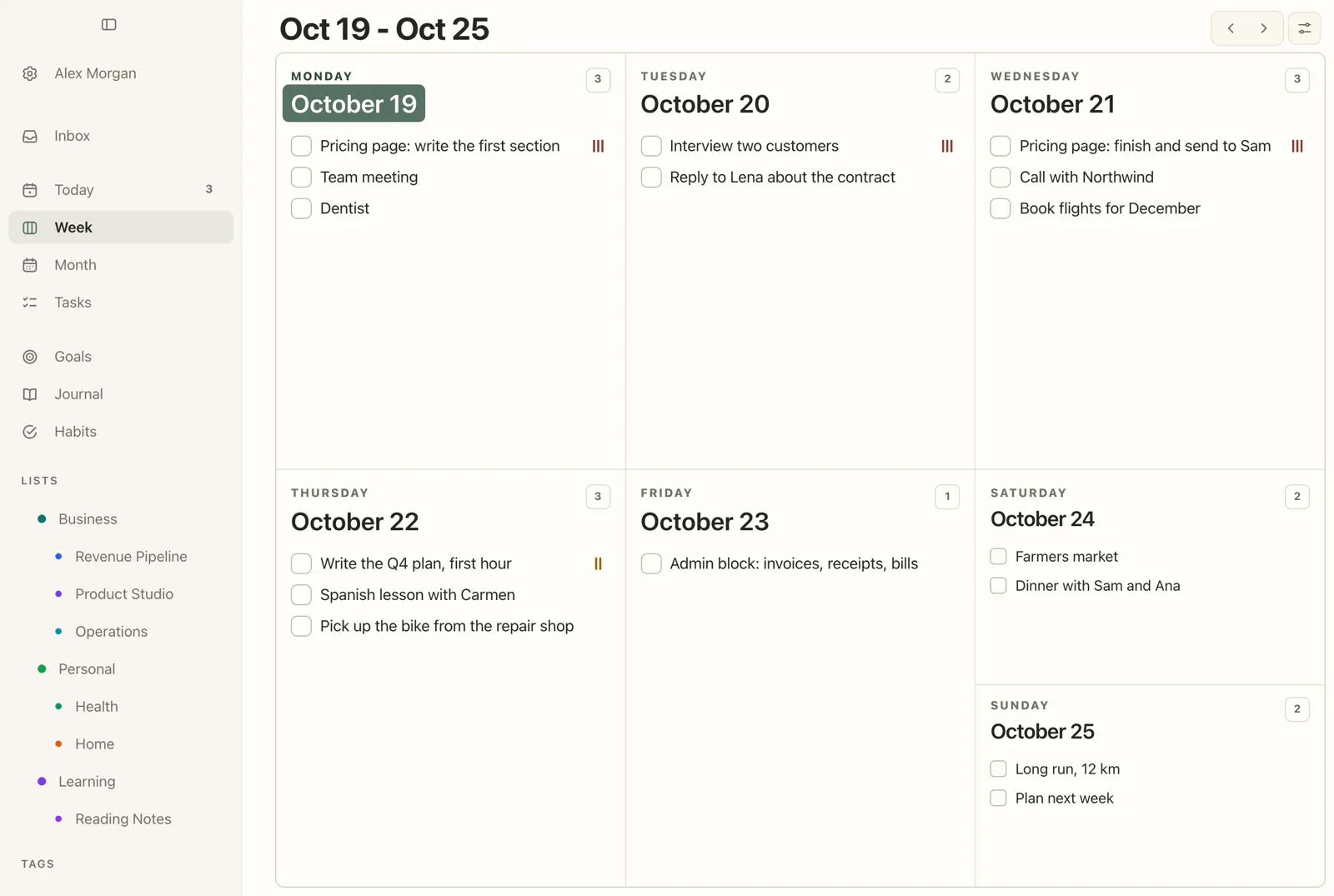 Plannedo's Week view on a Mac for October 19 to 25: Monday with 'Pricing page: write the first section' marked high priority, 'Team meeting' and 'Dentist'; Tuesday with 'Interview two customers' at high priority and one reply; Wednesday with 'Pricing page: finish and send to Sam' at high priority, a call and booking flights; Thursday with 'Write the Q4 plan, first hour', a Spanish lesson and a pickup; Friday with only 'Admin block: invoices, receipts, bills'; the weekend with a market, a dinner, a long run and 'Plan next week'.