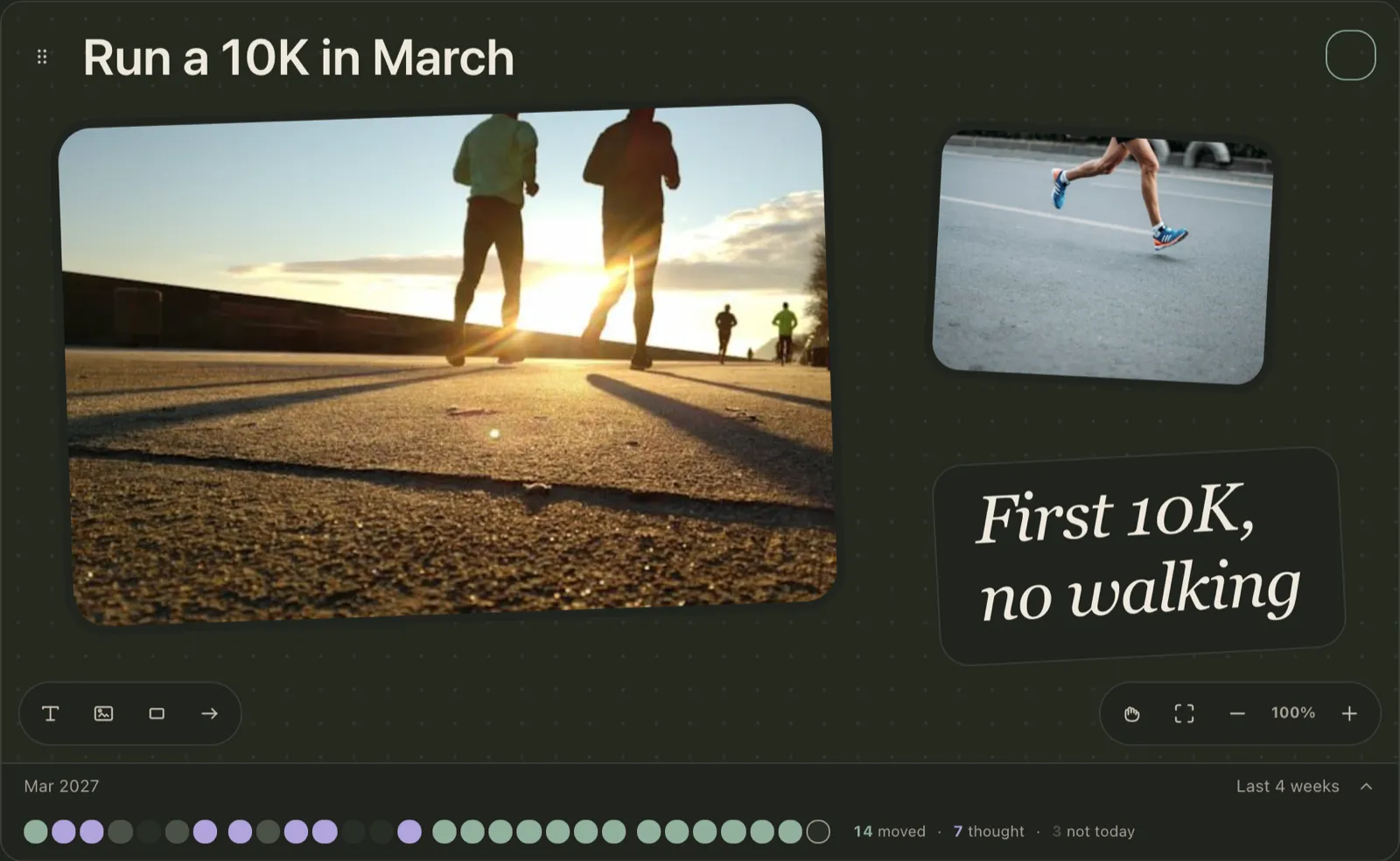A Plannedo goal 'Run a 10K in March' with a board of two running photos and the handwritten card 'First 10K, no walking', a deadline of March 2027, and four weeks of daily answers underneath: mostly purple 'thought' days in the first half, then a long run of green 'moved' days, 14 moved, 7 thought and 3 not today.