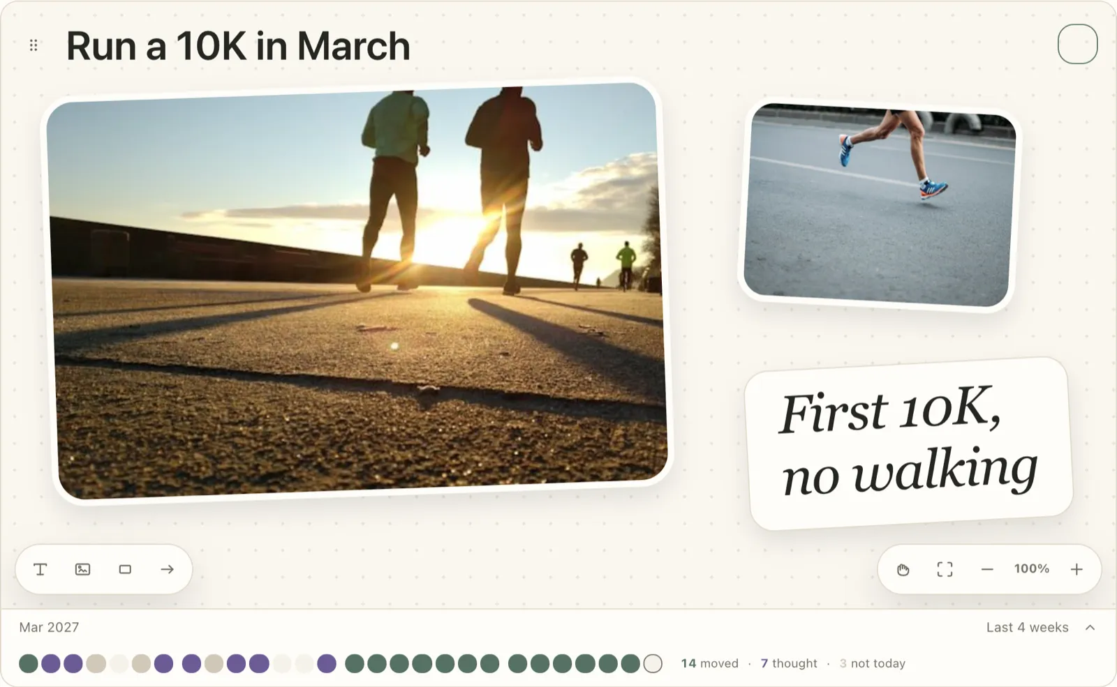 A Plannedo goal 'Run a 10K in March' with a board of two running photos and the handwritten card 'First 10K, no walking', a deadline of March 2027, and four weeks of daily answers underneath: mostly purple 'thought' days in the first half, then a long run of green 'moved' days, 14 moved, 7 thought and 3 not today.