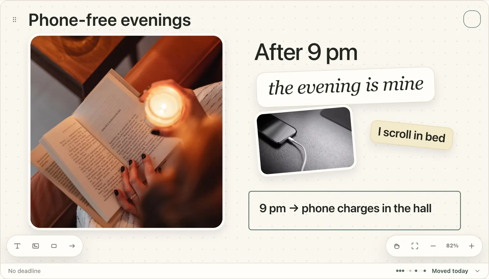 A Plannedo goal board 'Phone-free evenings': one square photo of a person reading by candlelight, 'After 9 pm' in large type with 'the evening is mine' handwritten, a phone charging on a table, a sticky note 'I scroll in bed' and the plan '9 pm → phone charges in the hall' inside a drawn frame, no deadline and 'Moved today'.