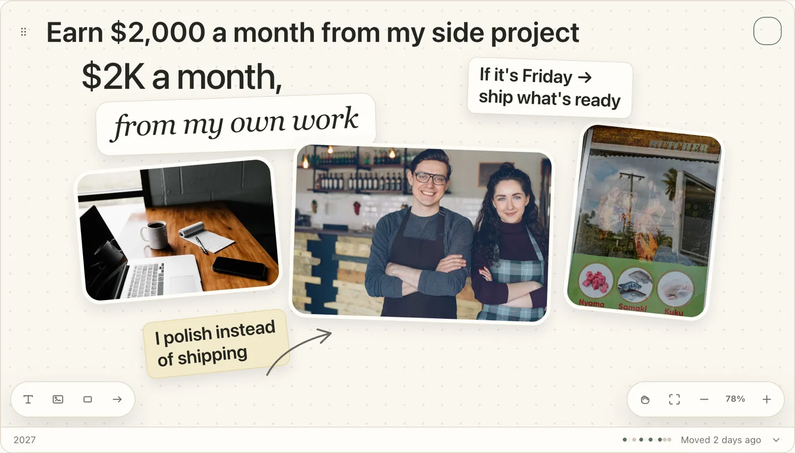A Plannedo goal board 'Earn $2,000 a month from my side project': '$2K a month, from my own work' in large and handwritten type, three tilted photos of a laptop on a desk, two café owners and a shop owner in his doorway, a card 'If it's Friday → ship what's ready' and a sticky note 'I polish instead of shipping', deadline 2027.