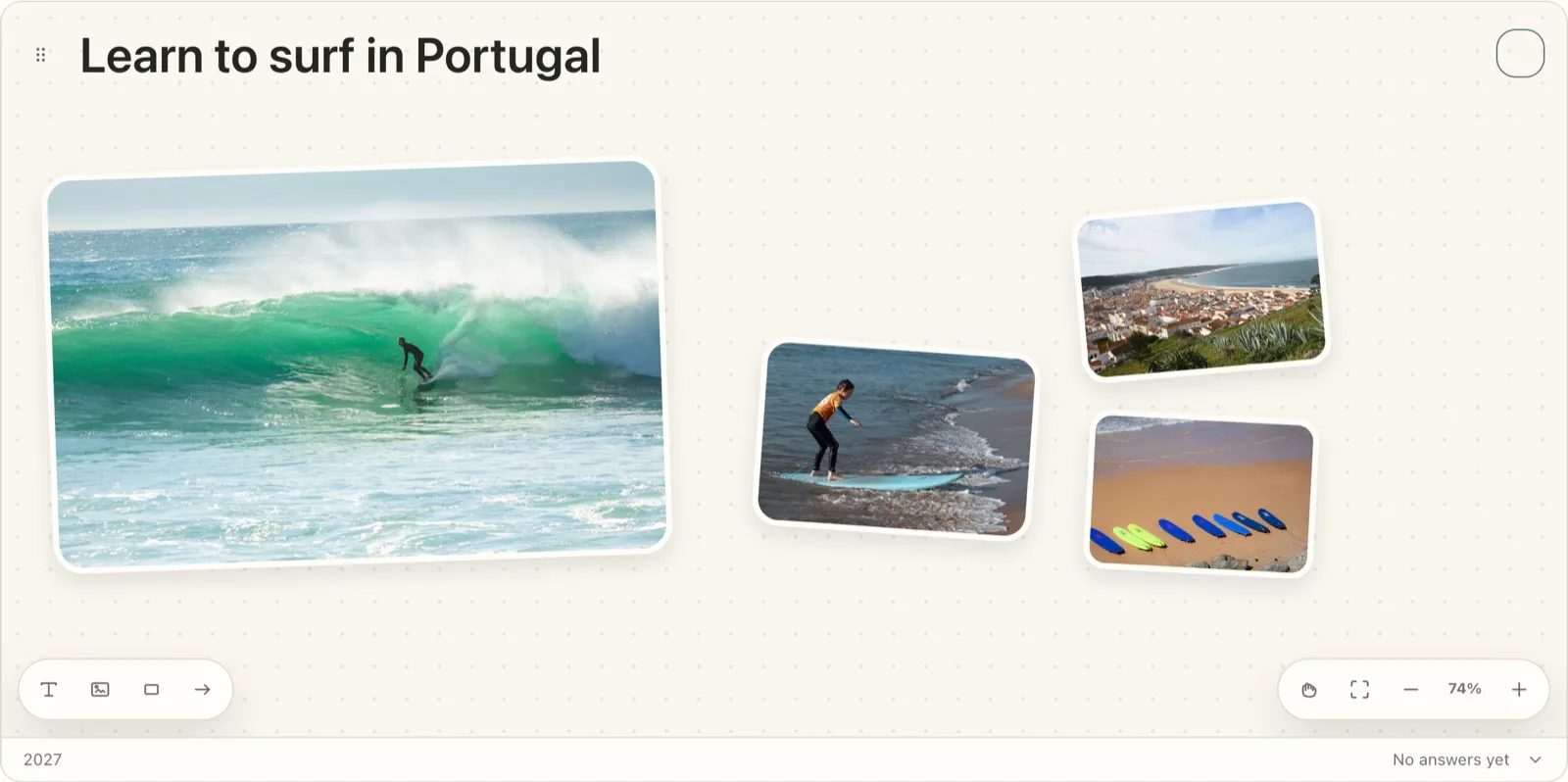 A Plannedo goal board with four photos and no text yet: a surfer inside a green wave, a row of beginner surfboards on sand, the town of Nazaré above its beach, and a beginner standing up on a board.