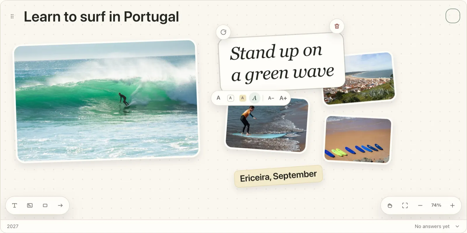The same board with the handwritten line 'Stand up on a green wave' selected and its style toolbar open, and a sticky note 'Ericeira, September' under the photos.