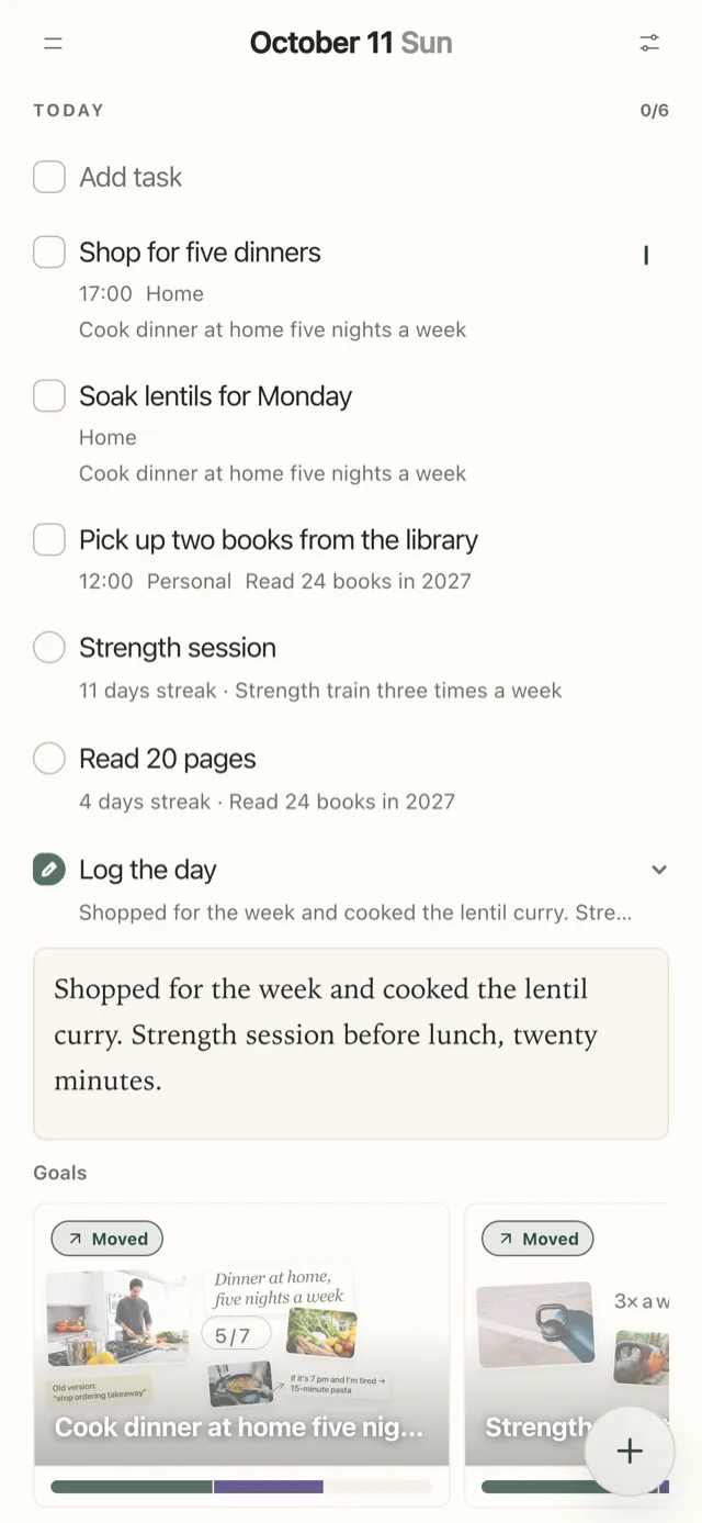 Plannedo's Today page on an iPhone: tasks linked to resolutions, 'Strength session' with an 11-day streak, 'Read 20 pages' with a 4-day streak, a short journal entry and goal cards marked Moved.