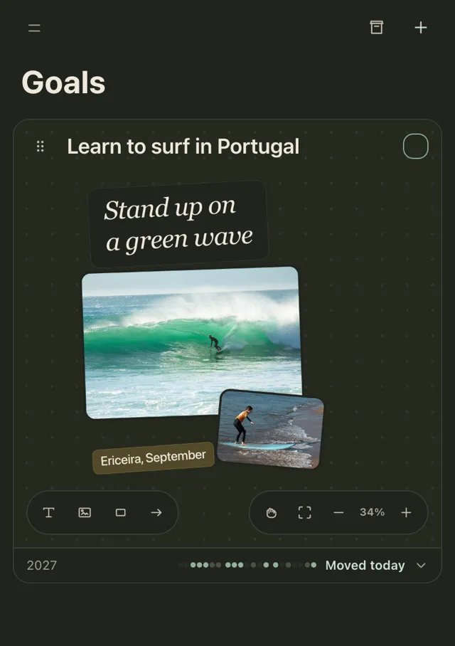 The same 'Learn to surf in Portugal' vision board on the Goals screen of the Plannedo iPhone app.