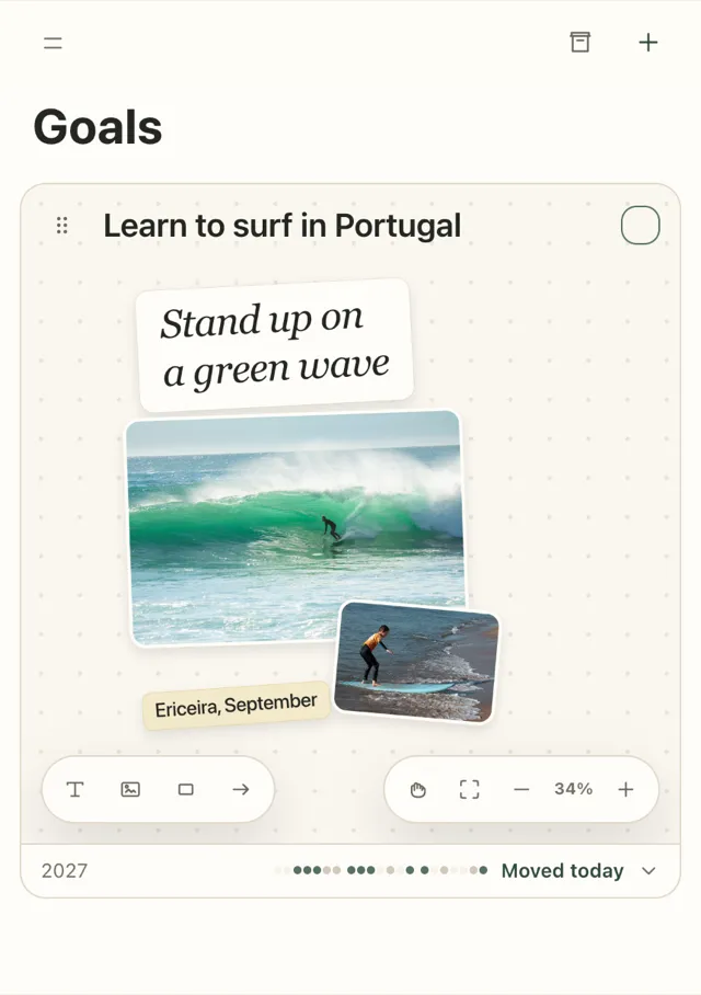 The same 'Learn to surf in Portugal' vision board on the Goals screen of the Plannedo iPhone app.