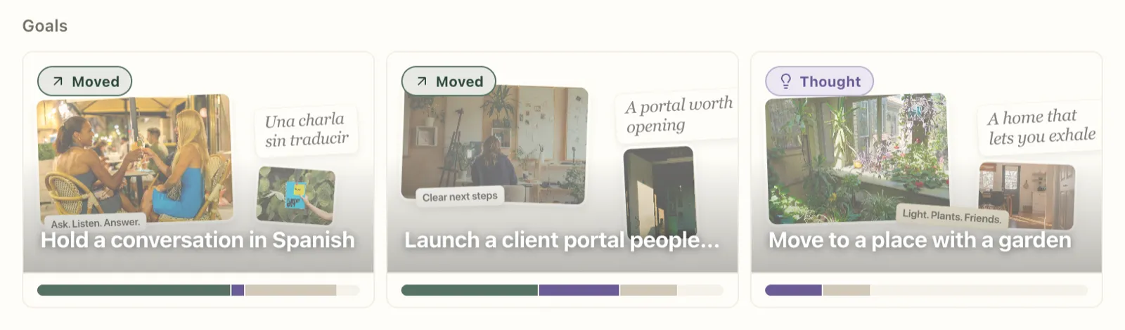 Three goal cards under Log the day in Plannedo, each with a photo from its board and a four-week bar: 'Hold a conversation in Spanish' answered Moved, with a bar that is mostly green; 'Launch a client portal people trust' answered Moved, green and purple; 'Move to a place with a garden' answered Thought, with only purple and grey and no green.