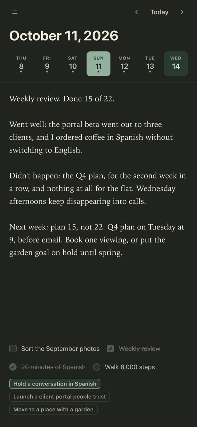 Plannedo's Journal on an iPhone for Sunday, October 11, 2026: 'Weekly review. Done 15 of 22.' followed by what went well, what didn't happen and why, and the plan for next week: plan 15 instead of 22, the Q4 plan on Tuesday at 9, and one flat viewing.