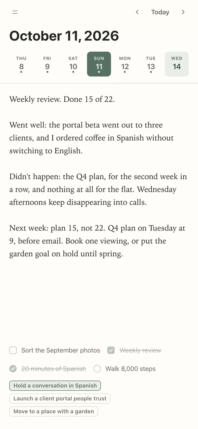 Plannedo's Journal on an iPhone for Sunday, October 11, 2026: 'Weekly review. Done 15 of 22.' followed by what went well, what didn't happen and why, and the plan for next week: plan 15 instead of 22, the Q4 plan on Tuesday at 9, and one flat viewing.