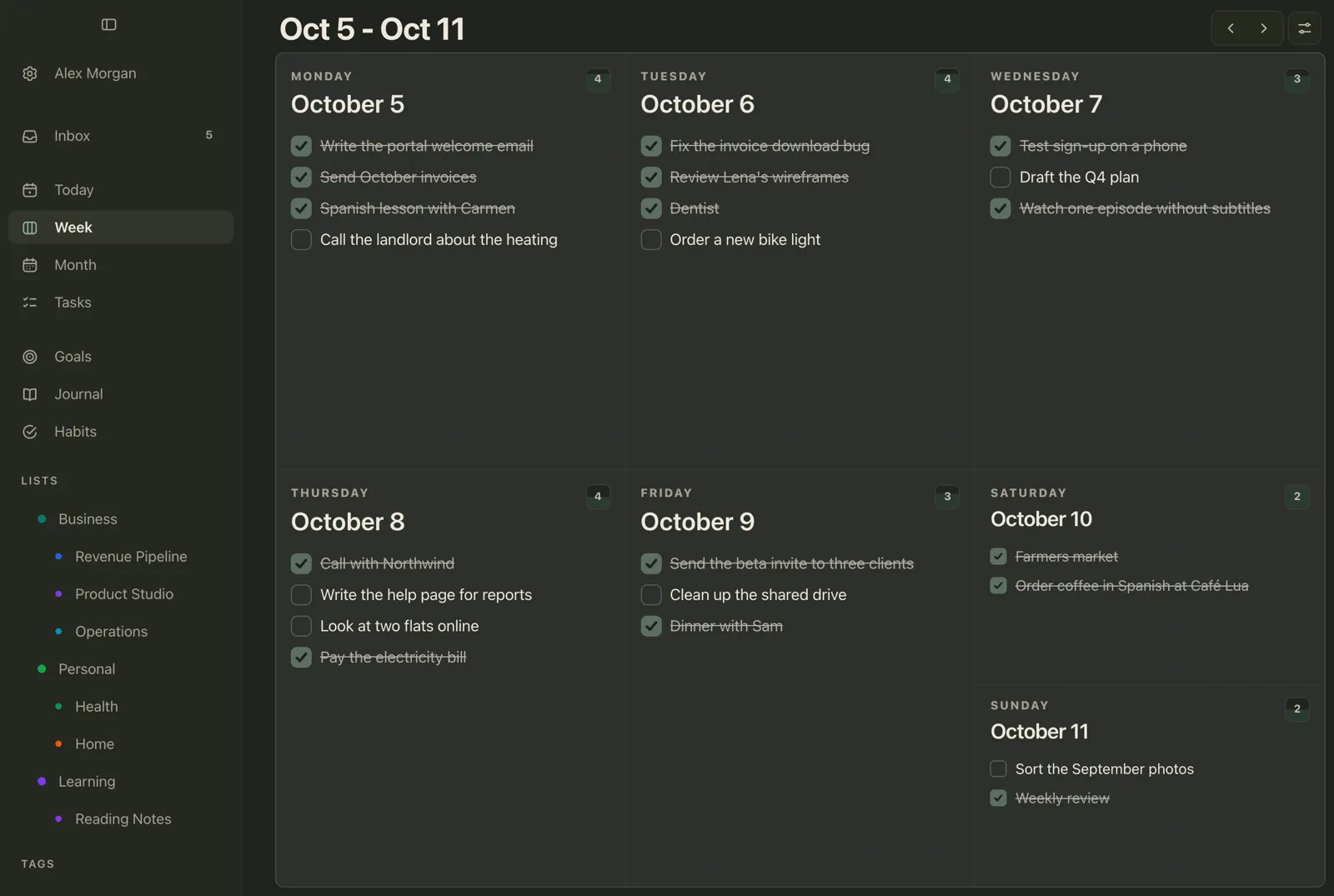 Plannedo's Week view on a Mac for October 5 to 11: 22 tasks across the days, 15 ticked off and crossed out, and seven still open, including 'Draft the Q4 plan' on Wednesday and 'Look at two flats online' on Thursday.