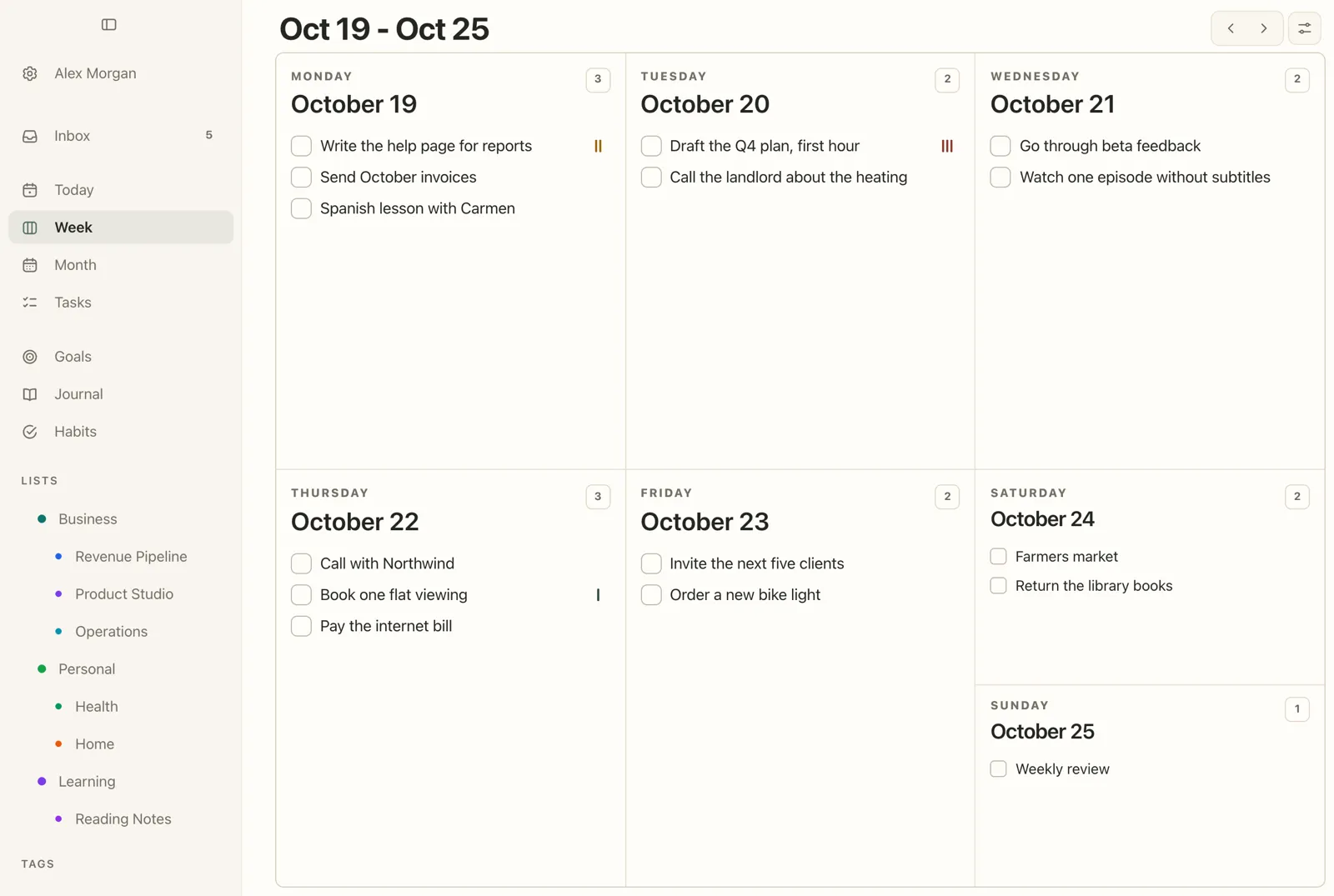 Plannedo's Week view on a Mac for October 19 to 25 with 15 tasks: 'Write the help page for reports' on Monday, 'Draft the Q4 plan, first hour' on Tuesday with the highest priority, 'Book one flat viewing' on Thursday, and the weekly review on Sunday.