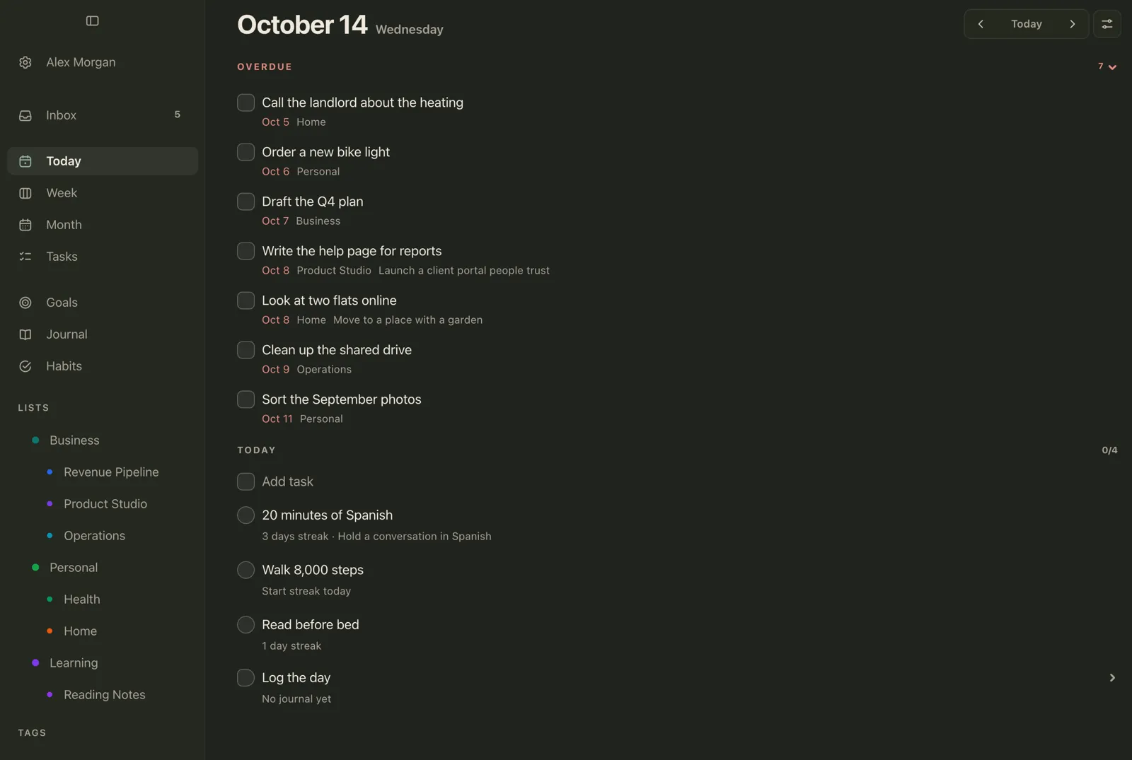 Plannedo's Today page on a Mac with an expanded Overdue section listing seven unfinished tasks from the week before, each with its original date in red: call the landlord about the heating (Oct 5), order a new bike light, draft the Q4 plan, write the help page for reports, look at two flats online, clean up the shared drive and sort the September photos (Oct 11).