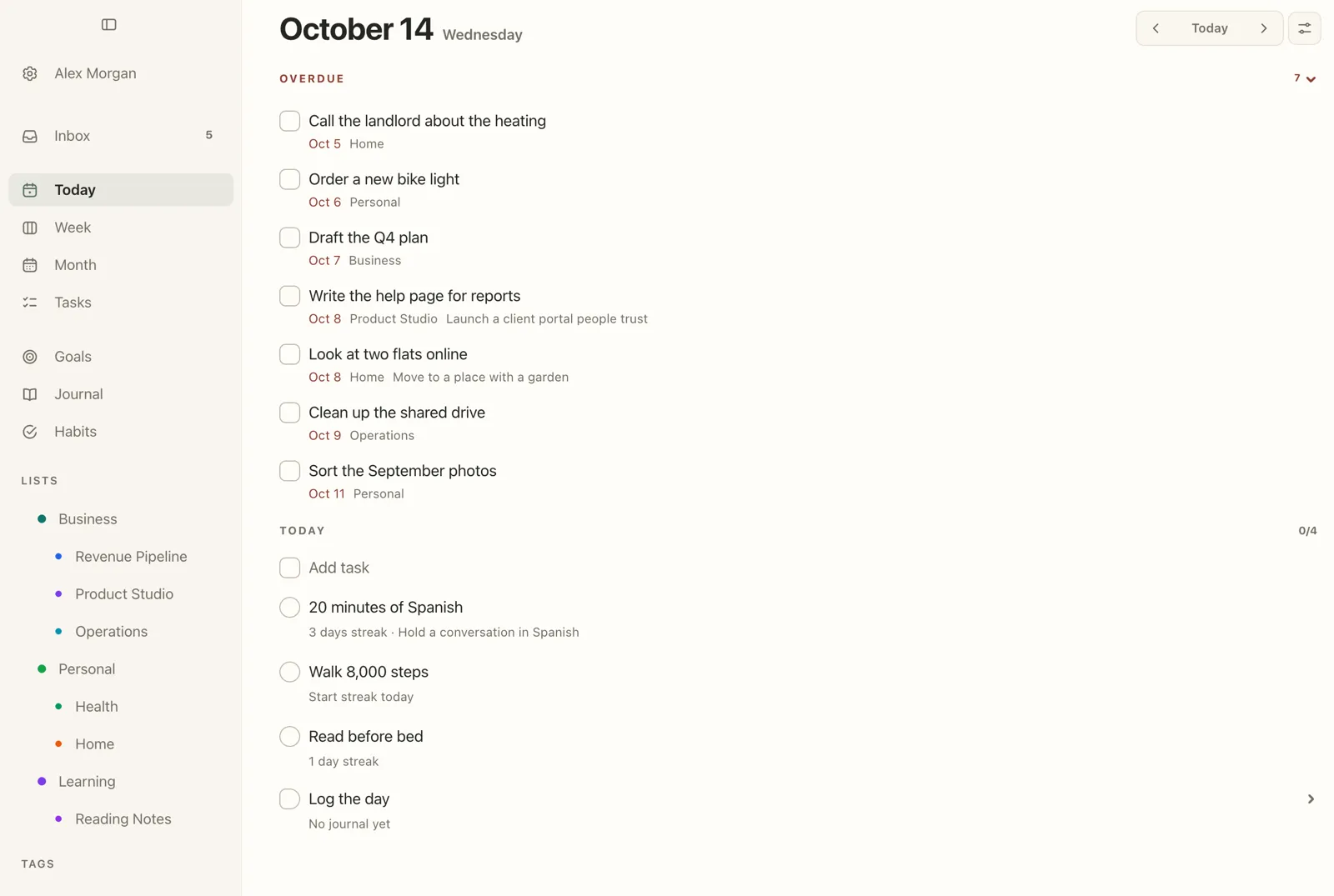 Plannedo's Today page on a Mac with an expanded Overdue section listing seven unfinished tasks from the week before, each with its original date in red: call the landlord about the heating (Oct 5), order a new bike light, draft the Q4 plan, write the help page for reports, look at two flats online, clean up the shared drive and sort the September photos (Oct 11).