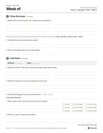 The printable weekly review template, two pages. The front has steps 1 and 2: room to empty your head, the planned and done count, and the look-back questions with lines to write on. The back has steps 3 and 4: the rule for sizing next week, the one to three things, a Monday to Sunday grid and the four-line summary.