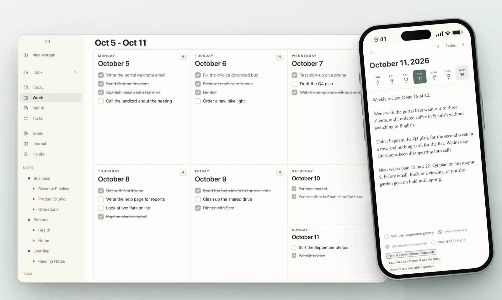 A week in Plannedo on a Mac, October 5 to 11, with most tasks ticked off and a few left open, next to an iPhone showing the journal entry 'Weekly review. Done 15 of 22.' with what went well, what didn't happen and the plan for next week.