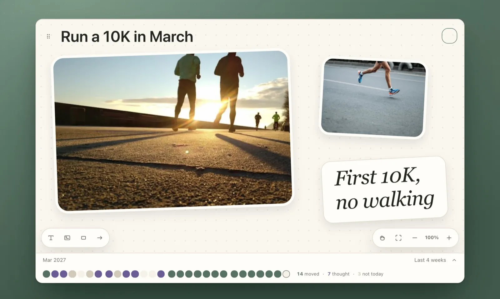 A Plannedo goal board for 'Run a 10K in March' with two running photos and the handwritten card 'First 10K, no walking', and under it four weeks of evening answers: purple days of only thinking about it at first, then a long run of green days when the goal moved.