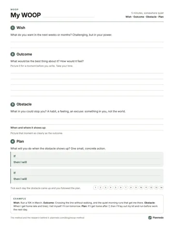 The printable WOOP worksheet: four numbered steps, Wish, Outcome, Obstacle and Plan, with lines to write on, two if-then boxes, fourteen circles to tick on the days you followed the plan, and a worked example about running a 10K.