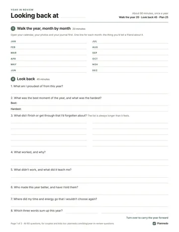 The two pages of the Plannedo year in review printable. The front has a line for each month from January to December and the eight looking-back questions; the back has Keep, Stop and Start boxes, a line for one word, three goals with a first step and a date, dates for a mid-year check-in and the next review, and lines for a note to next year.